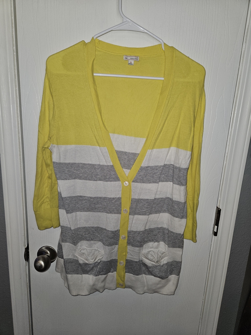 GAP Yellow, Gray & White Striped Button Cardigan